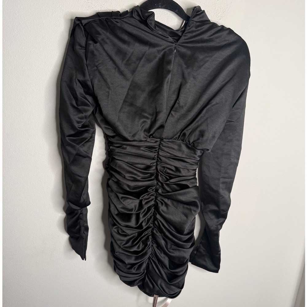 House of CB NEW Women's XS Black Giorgiana Satin Ruched Long Sleeve Mini Dress - Picture 2 of 7